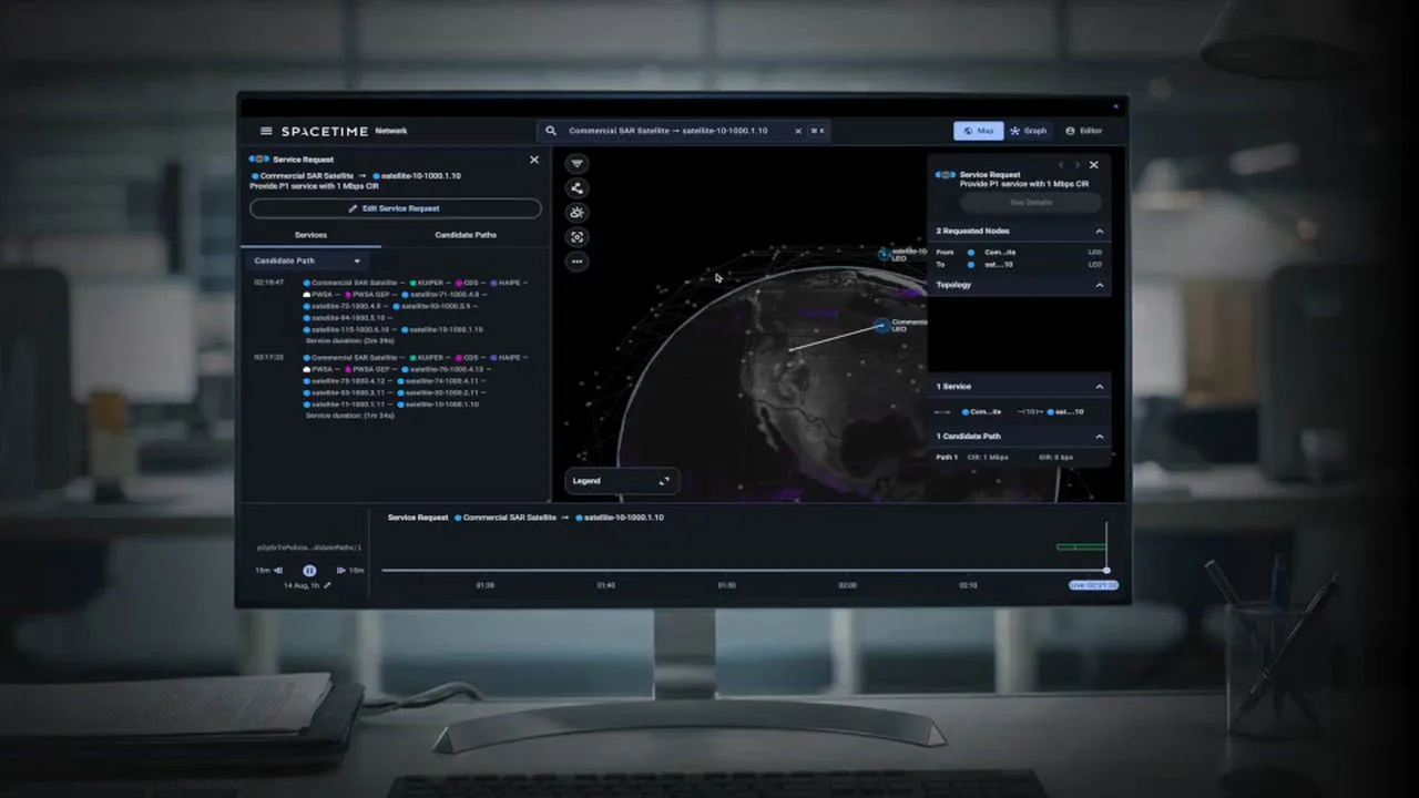 Frame from Aalyria's Spacetime product demo showing federated network orchestration