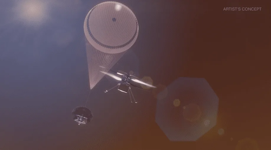 Rendering of a SkyFall helicopter flying over the Martian surface