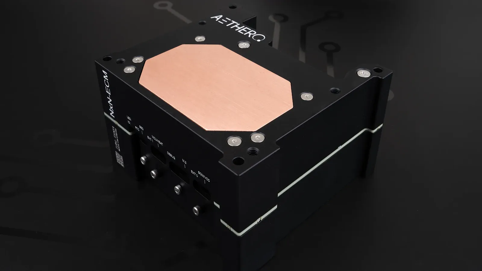 Top view of the Aethero NxN-ECM edge computer with its copper thermal plate