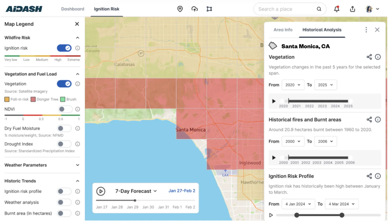 Screenshot of AiDASH's CRIS wildfire risk software showing satellite-based vegetation and ignition risk monitoring