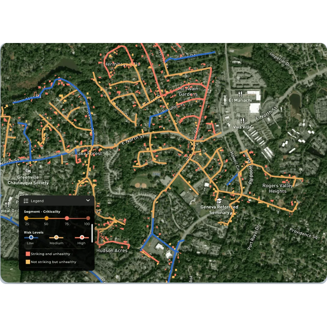Screenshot of AiDASH's Intelligent Vegetation Management System, satellite-based software for planning tree trimming along power lines