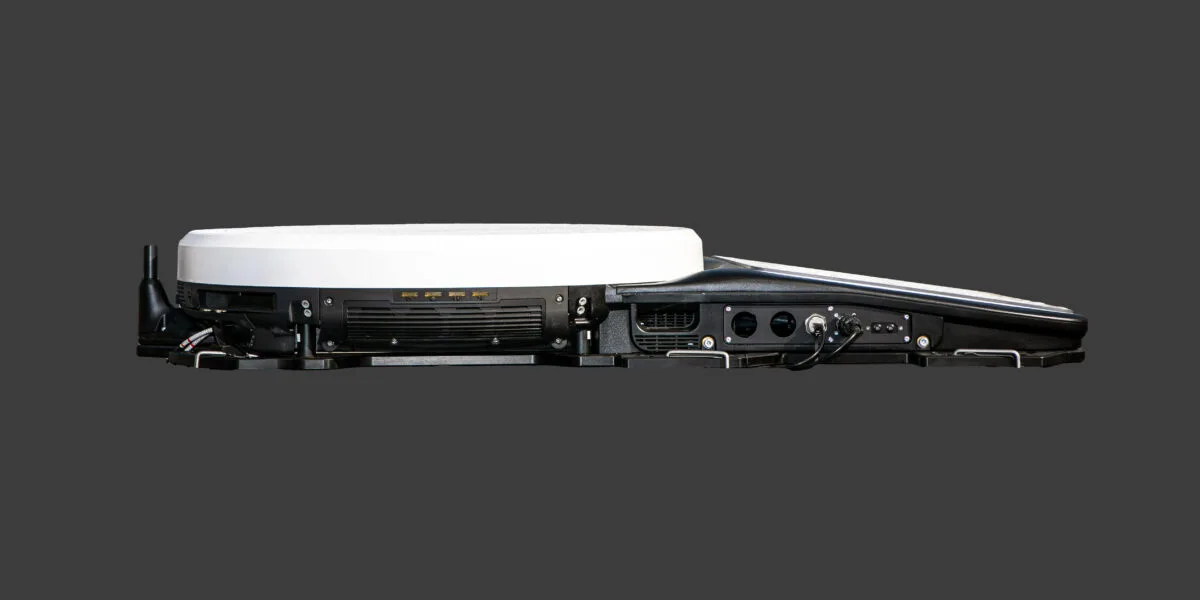 Side view of the ALL.SPACE Hydra 4 satellite terminal on a gray background