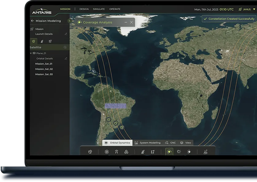 Laptop showing the Antaris platform's mission modeling screen with satellite ground tracks over a world map