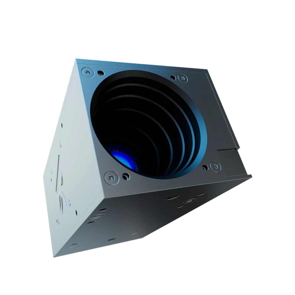 Render of the Arcsec Sagitta star tracker, a compact metal unit with its baffle opening