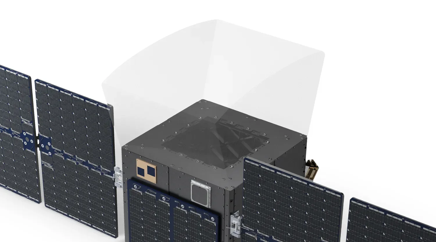 Render of the Argotec HAWK PLUS microsatellite platform with deployed solar panels