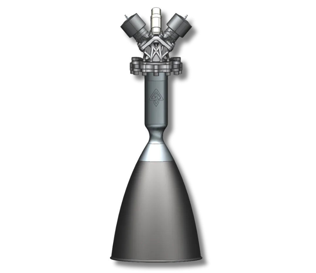 Render of Arkadia's PHANTOM hypergolic bipropellant engine with twin propellant valves and a large nozzle