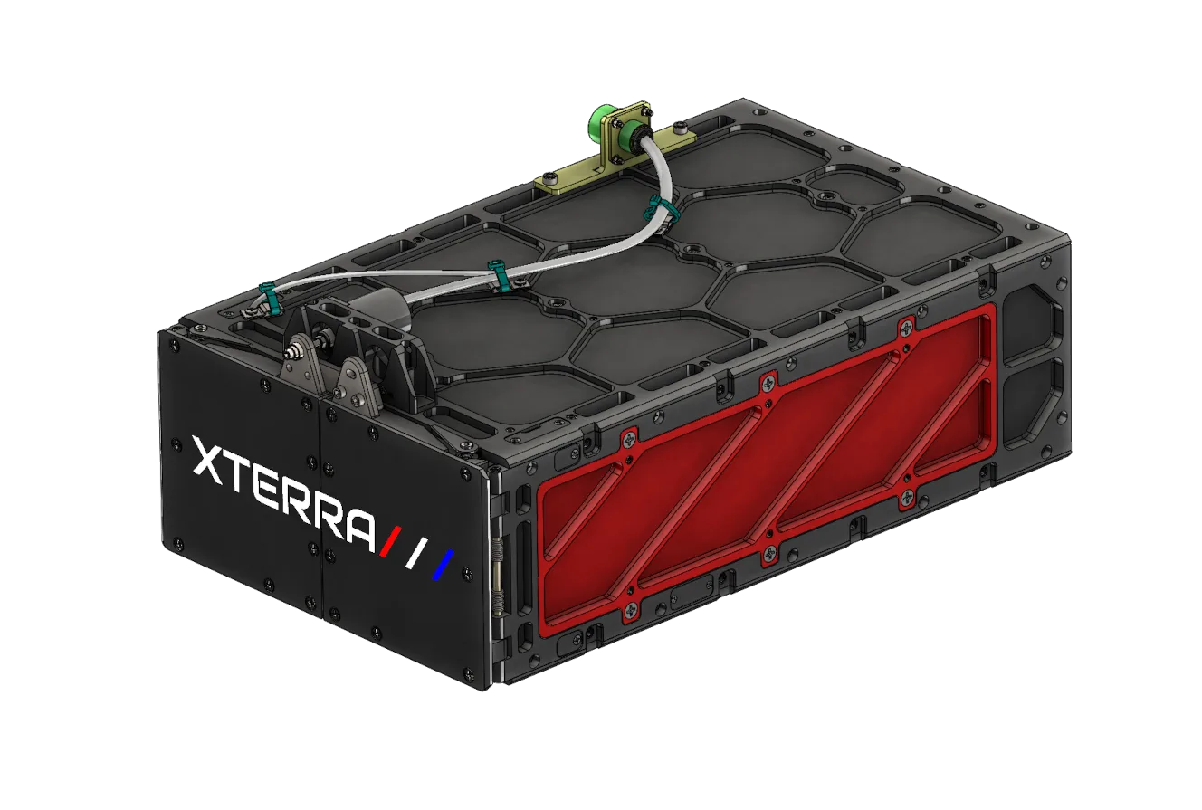 Render of an XTERRA satellite deployer, a black box with a red side panel