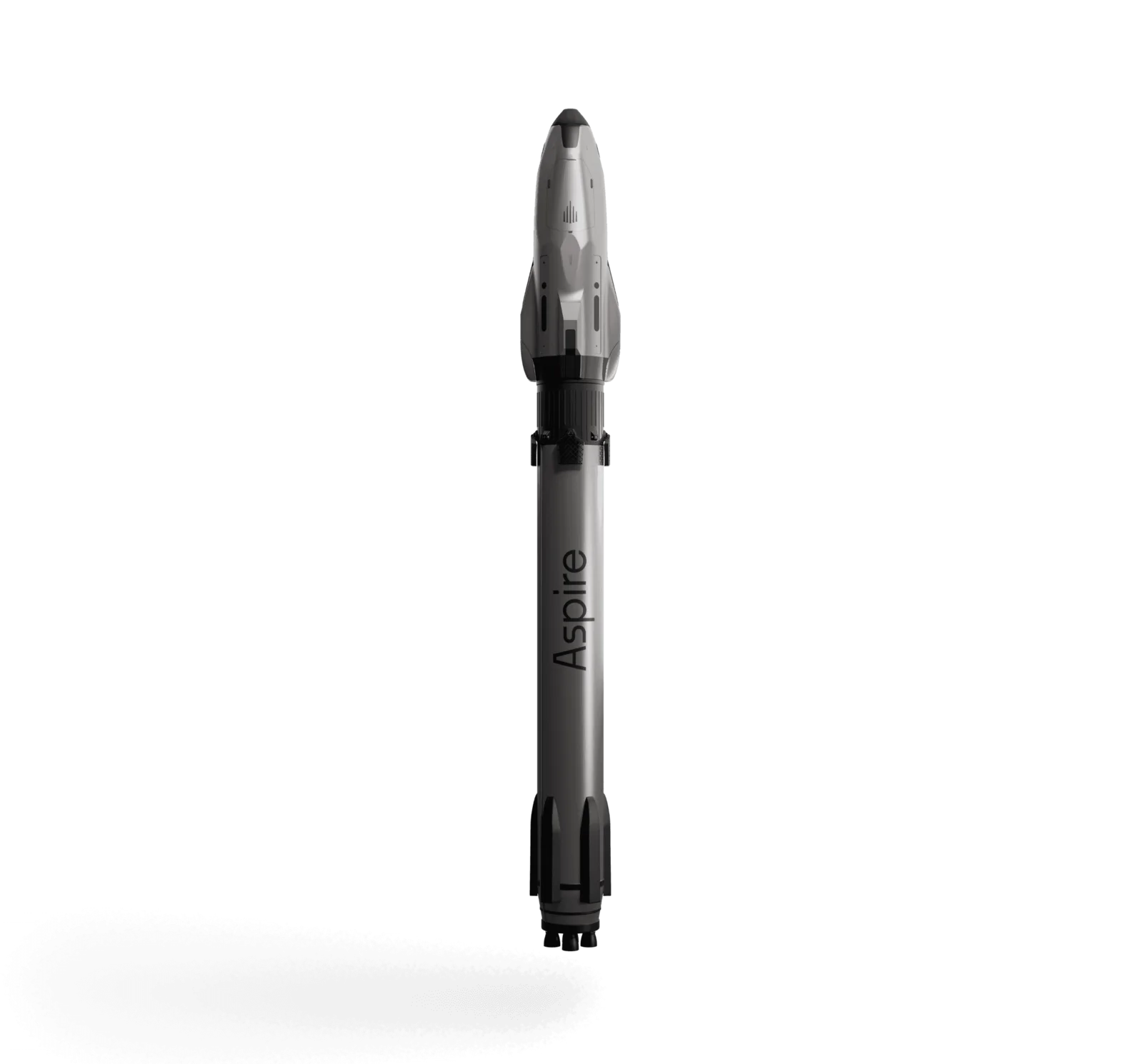 Render of Aspire Space's two-stage Oryx rocket standing vertically against a black background