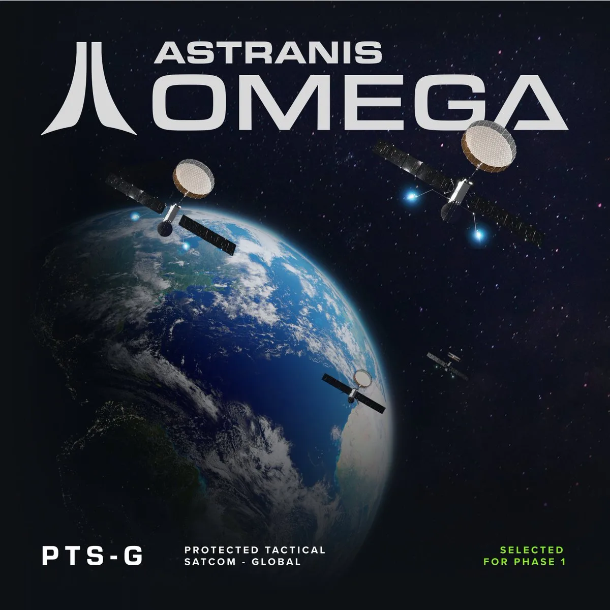 Rendering of Astranis MicroGEO satellites with their dish antennas and solar wings in orbit above Earth