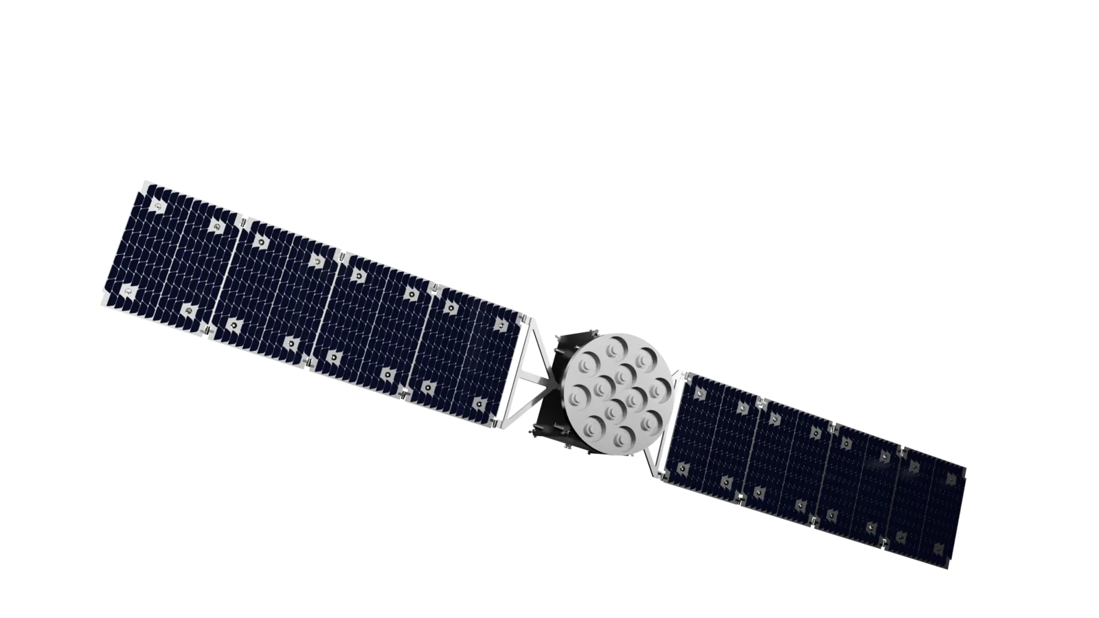 Render of the Astranis Nexus satellite, its Resilient GPS design, with a cluster of navigation antennas and solar arrays