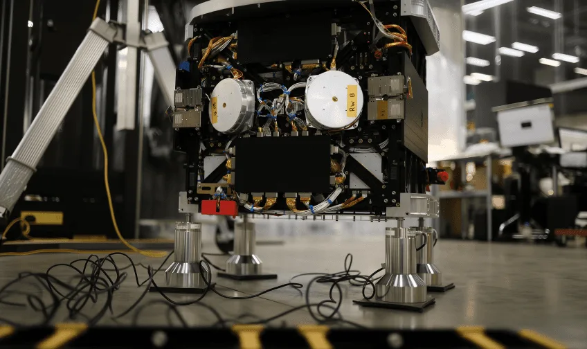 AstroForge's Odin asteroid probe standing on its test stand in AstroForge's assembly facility