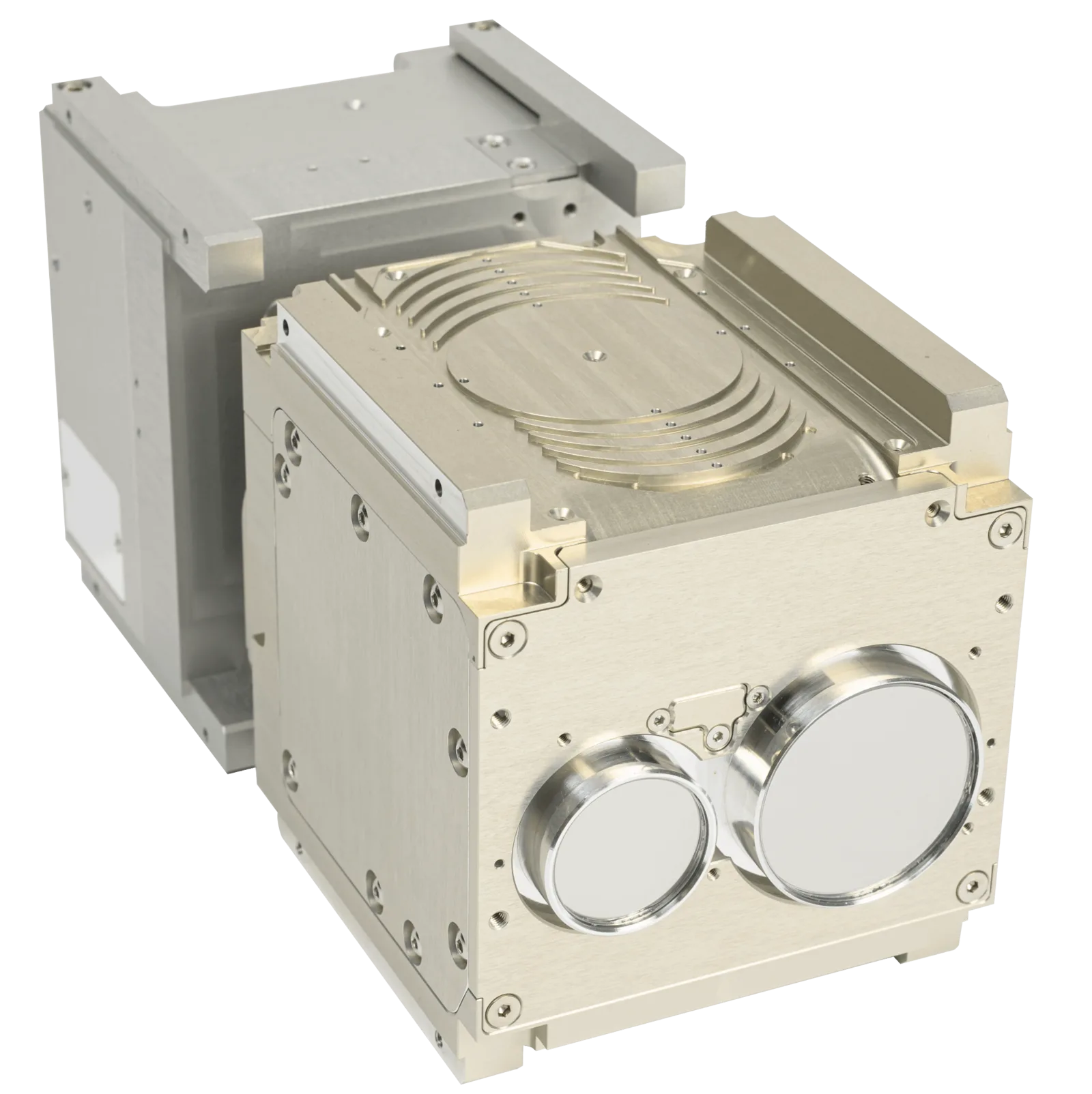 Astrolight's ATLAS-1 laser communication terminal, a compact metal unit with two round optical apertures