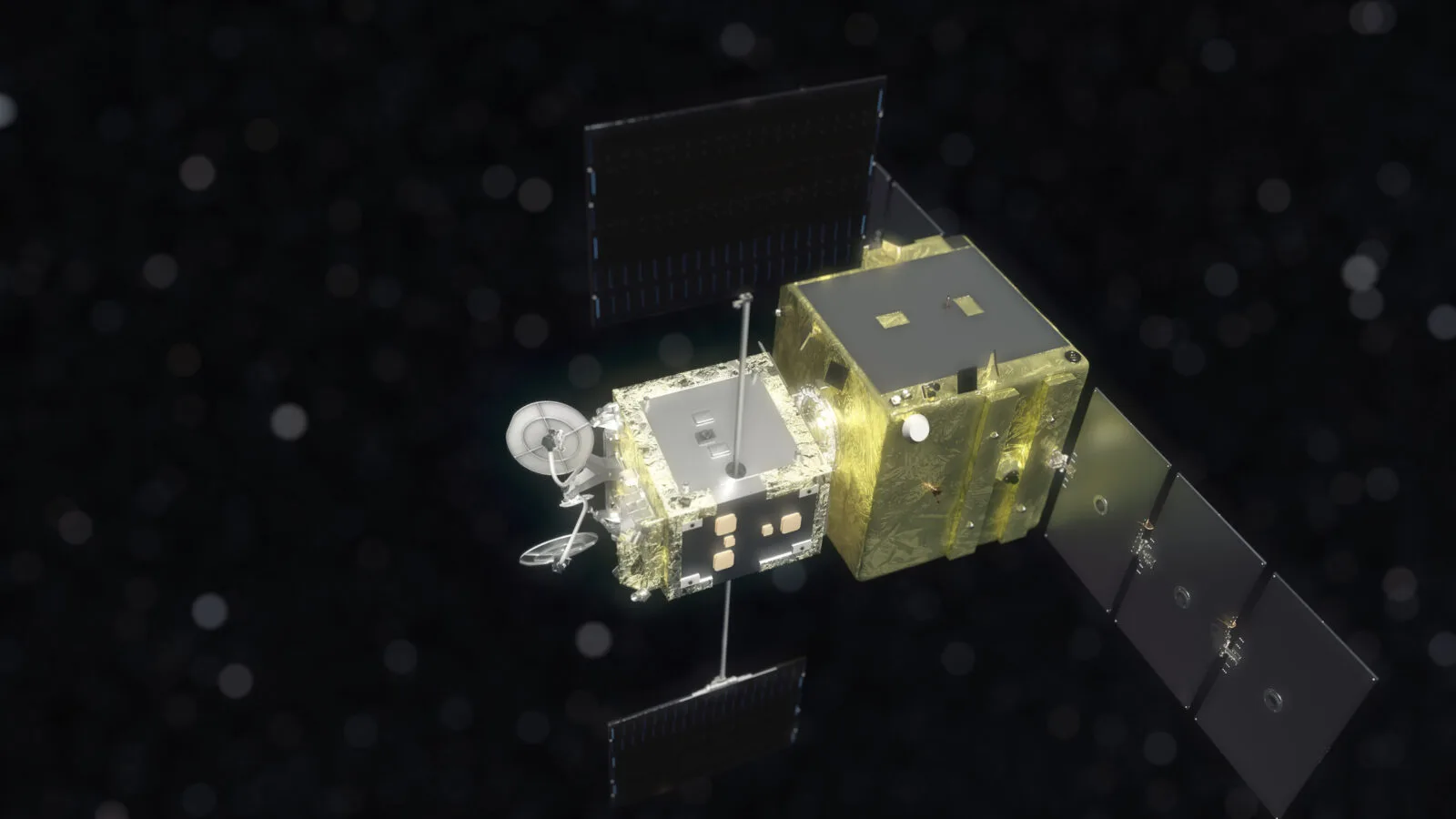 Rendering of Astroscale's ELSA-M servicer docking with a retired satellite in orbit