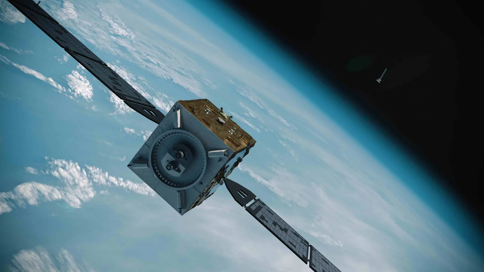 Rendering of Astroscale's ISSA-J1 inspection spacecraft with solar panels deployed above Earth