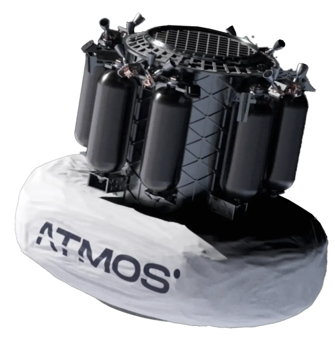 Rendering of the ATMOS PHOENIX return capsule with its cargo tanks on top of a white inflatable heat shield