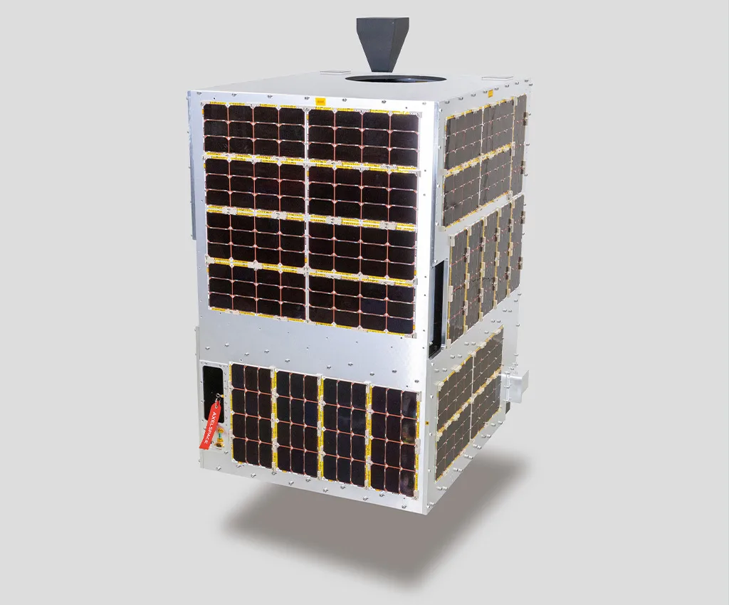 Axelspace GRUS-3 Earth-imaging microsatellite, a box covered in solar cells with a black camera hood on top