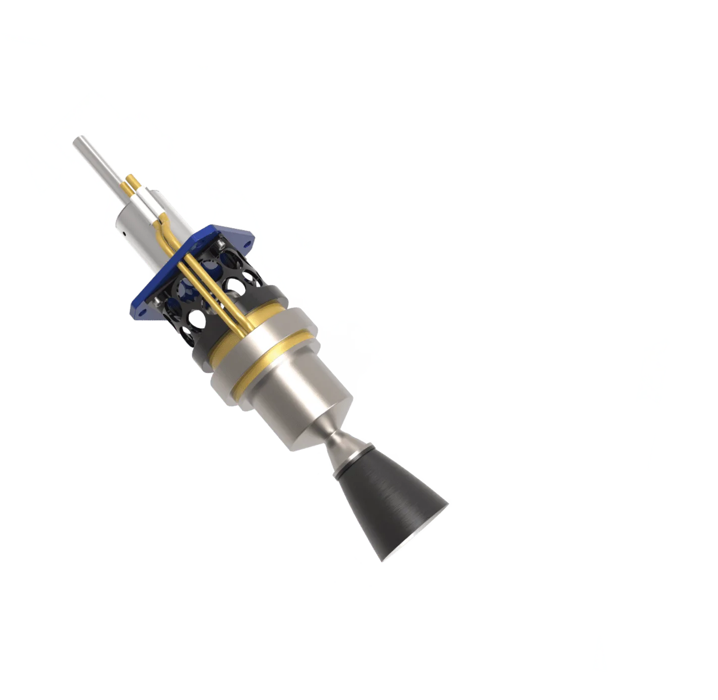 Rendering of a Bellatrix Rudra green-propellant thruster with its valve, feed lines, mounting bracket and nozzle