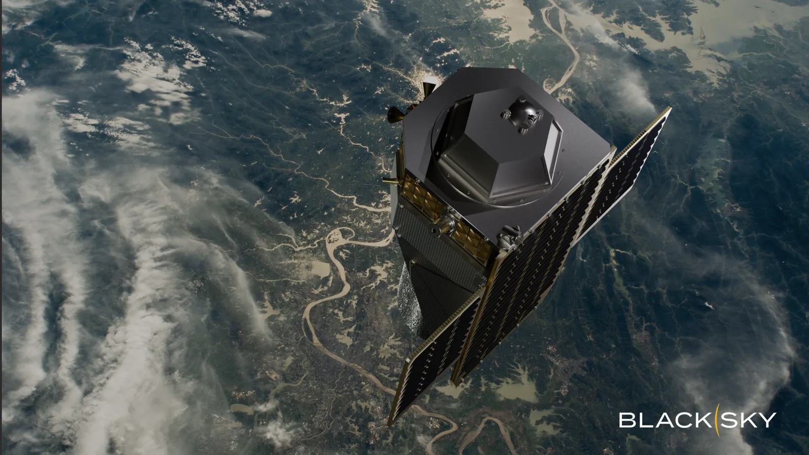 Artist's rendering of a BlackSky Gen-3 imaging satellite with its solar panel orbiting above clouds and land