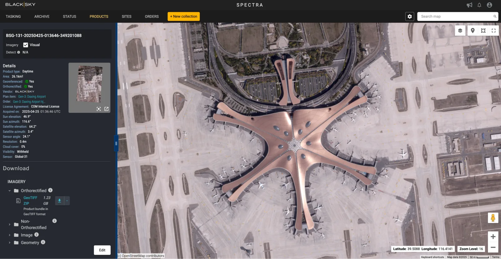 Screenshot of the BlackSky Spectra web platform showing a satellite image of an airport terminal beside an order details panel
