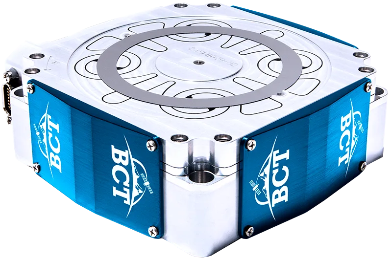 Blue Canyon Technologies RWp500 reaction wheel, a flat square housing with blue BCT-branded side panels