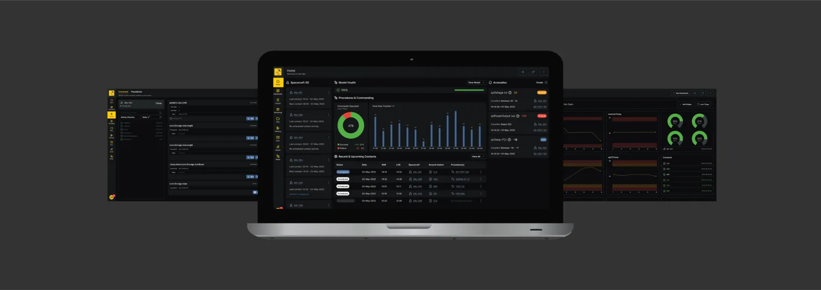 Bright Ascension Ops mission control software shown on a laptop and side screens with telemetry charts and status tables