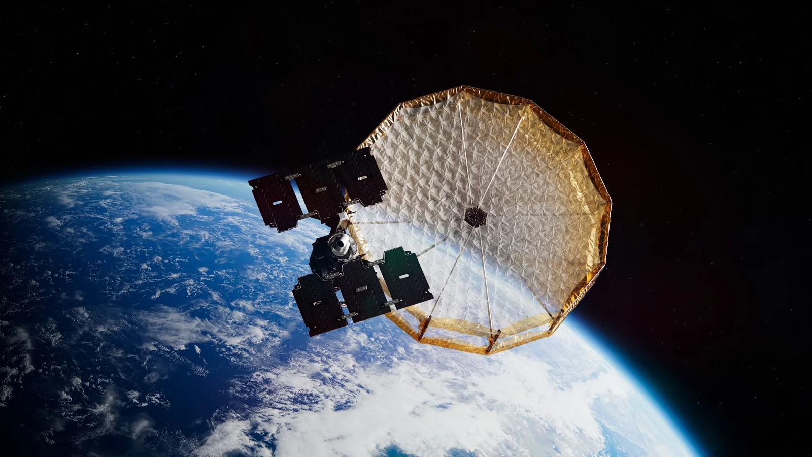 Rendering of a Capella Acadia radar satellite with its large gold mesh antenna deployed above Earth