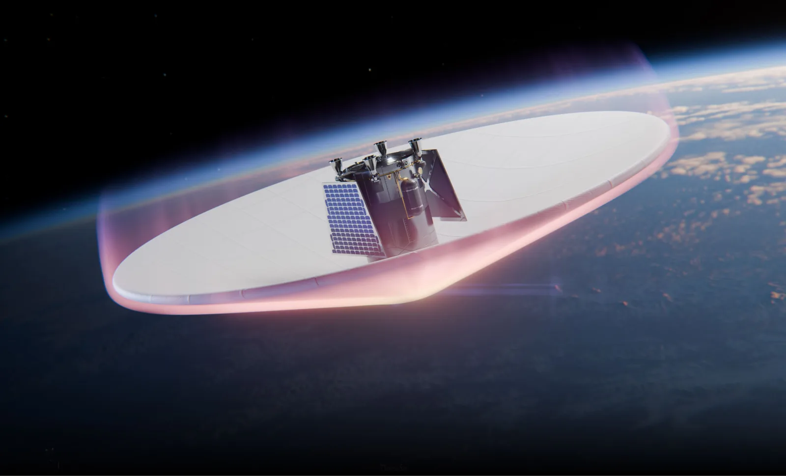 Rendering of a Catalyx ReX return capsule in orbit with its wide folding heat shield deployed and cargo mounted on top
