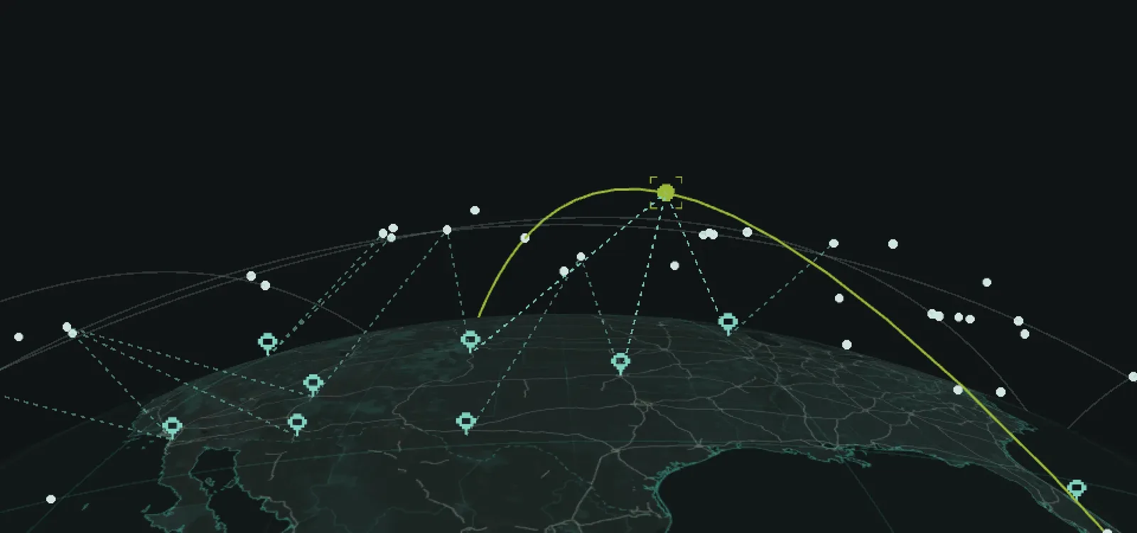 Citra Core view of ground sensors across North America linked to a tracked satellite and its orbit path over the globe