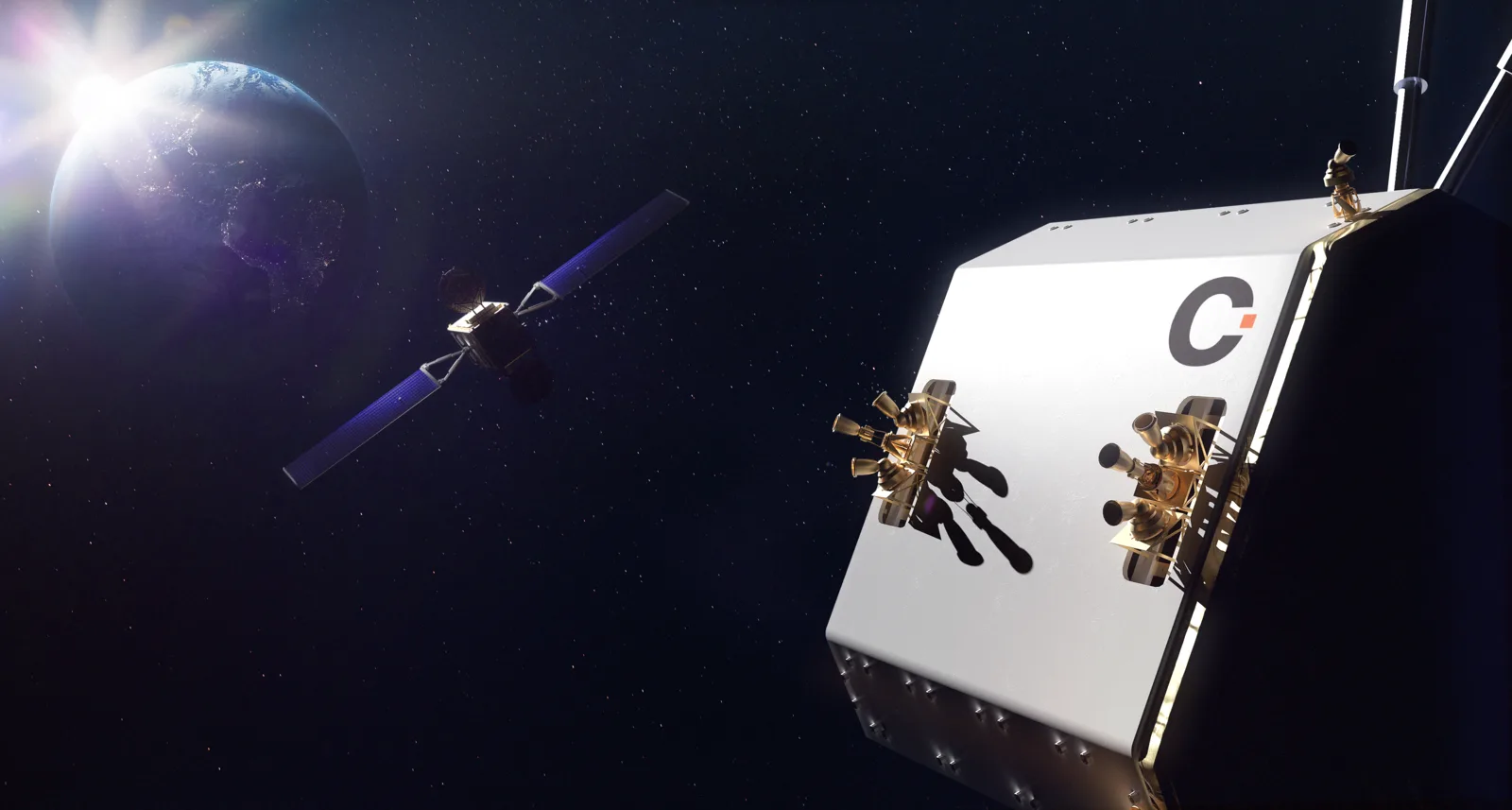 Rendering of the ClearSpace Phoenix servicer, a white spacecraft with gold docking mechanisms, approaching a client satellite in orbit