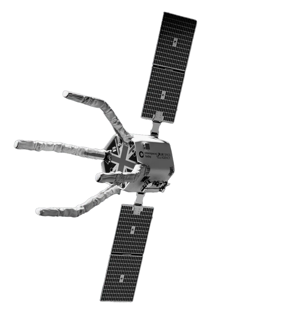 Illustration of the ClearSpace servicing spacecraft for the UK debris removal mission, with robotic capture arms and solar panels extended