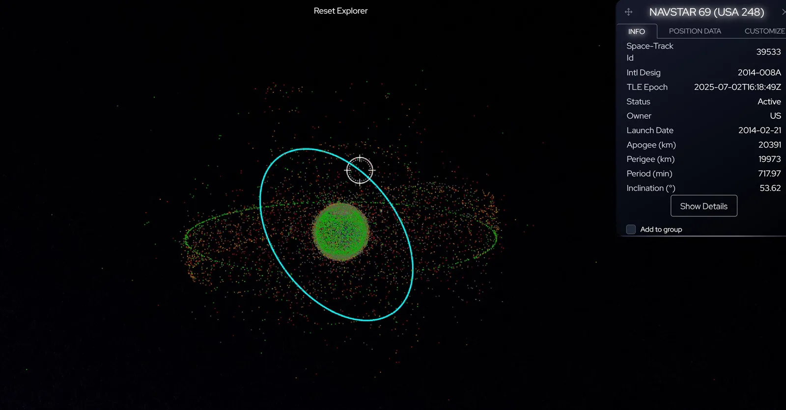 Spacebook screenshot showing a satellite's orbit around a green-highlighted Earth with a panel of the object's orbital details