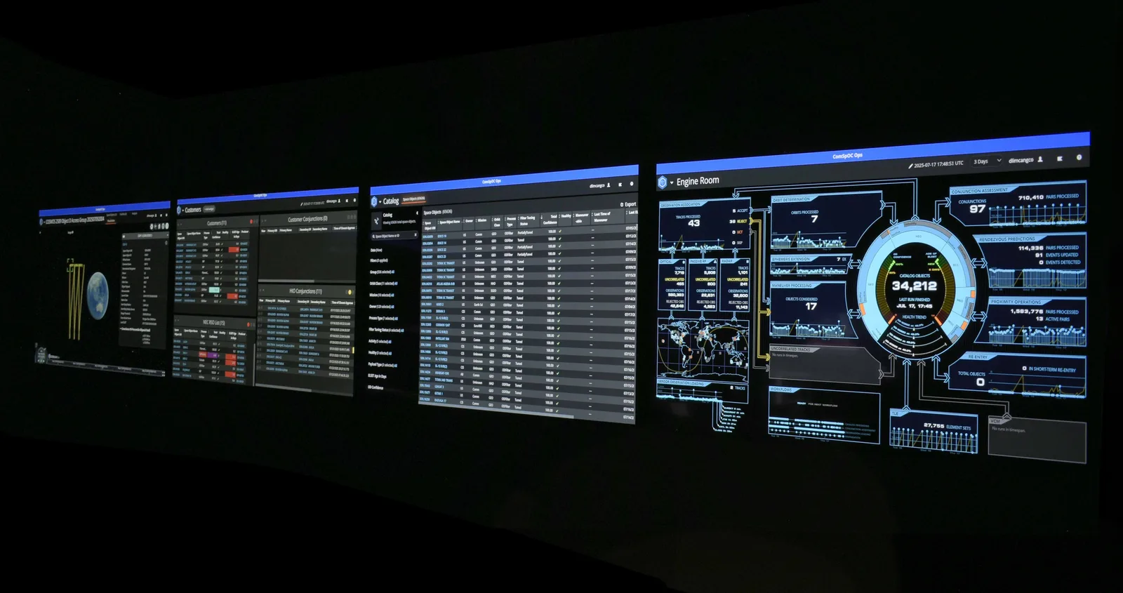 Several SSASuite screens side by side on a dark background, showing catalog tables, a globe view and a dashboard of tracked objects