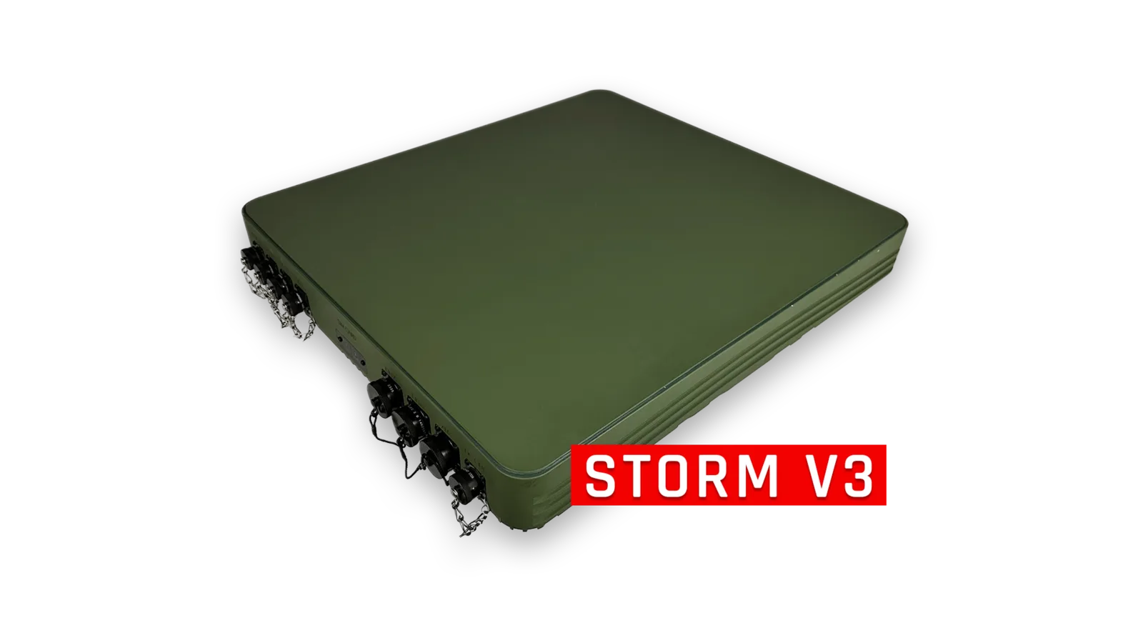 Render of the CopaSAT Storm V3 flat-panel satellite terminal in olive green