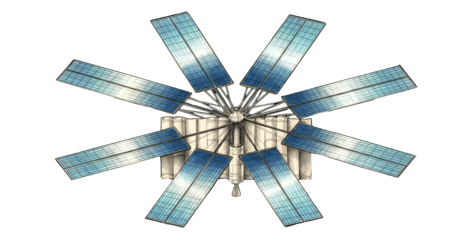 Illustration of a Stampede satellite with eight long solar panel wings radiating from its central body