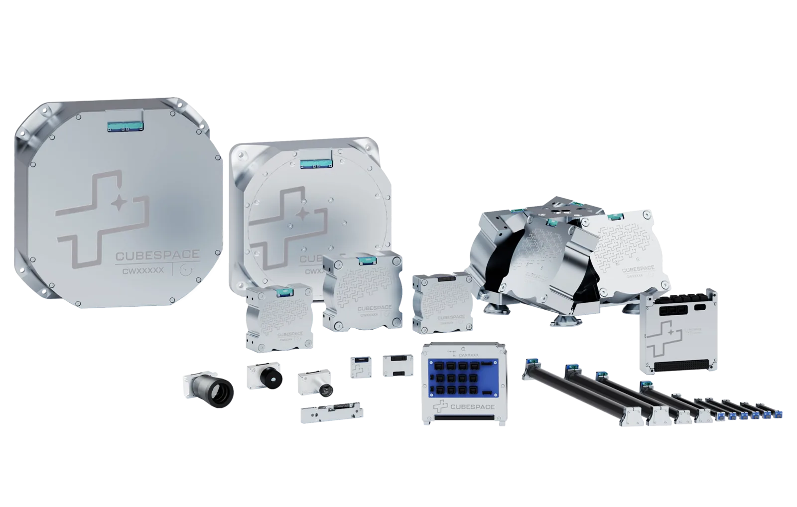 Render of CubeSpace's turn-key ADCS family: control units, reaction wheels, sensors and magnetorquer rods