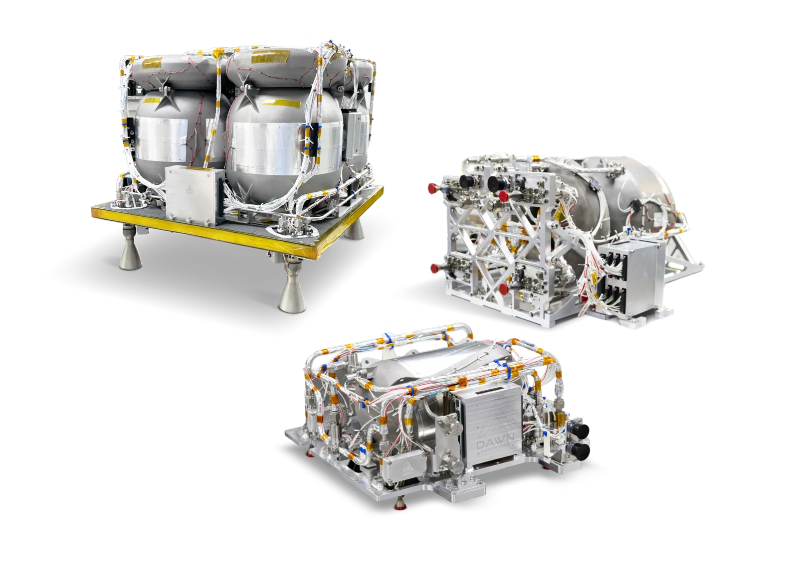 Dawn Aerospace satellite propulsion systems with thrusters, tanks and plumbing on mounting plates