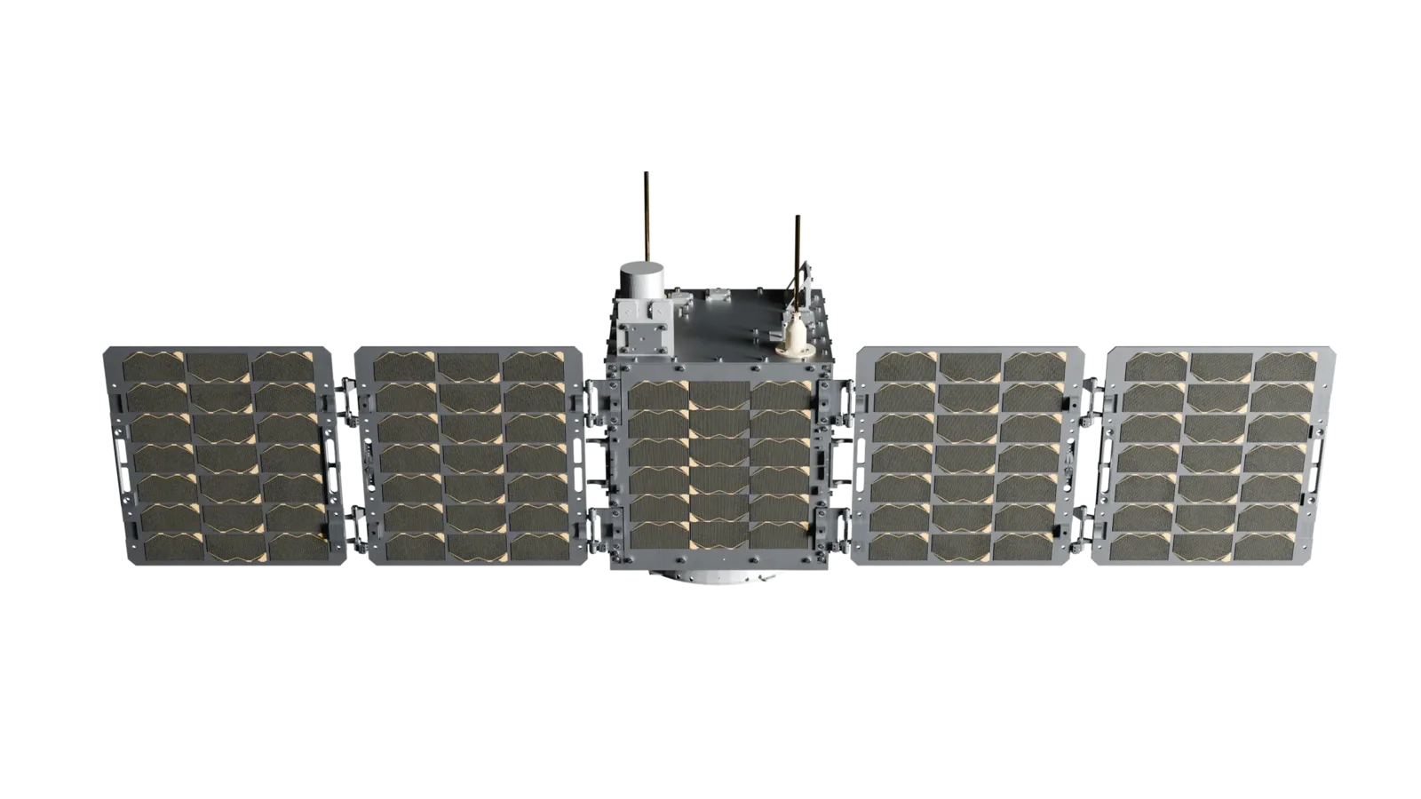 Rendering of a Dhruva Space P-30 nanosatellite with its four solar panels fully deployed in a row