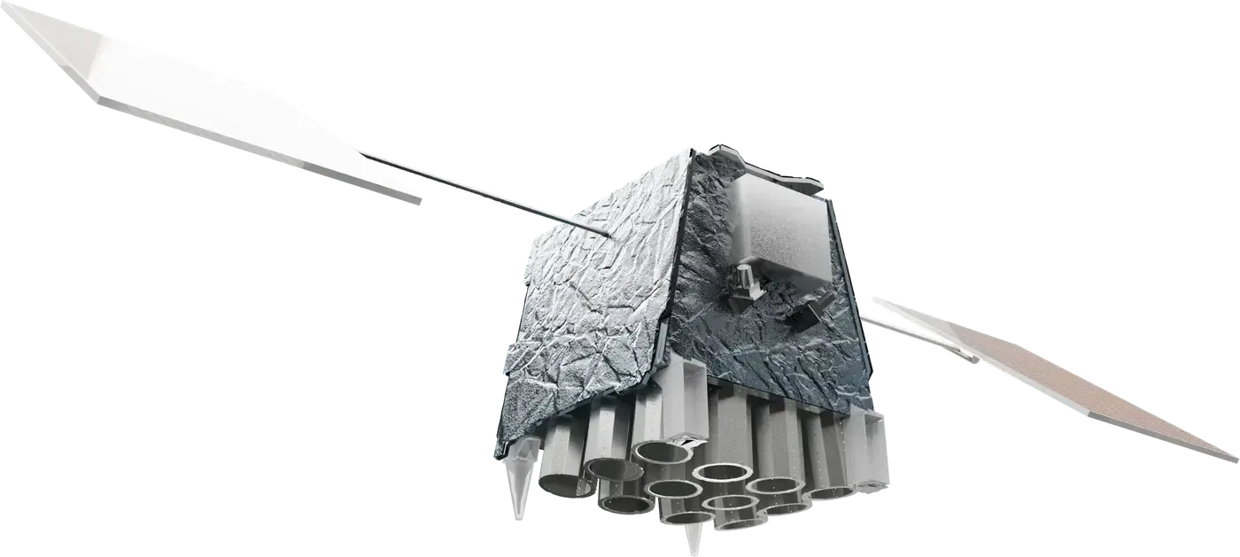 Rendering of an EarthDaily constellation satellite with its two solar panels extended and a cluster of sensor baffles underneath