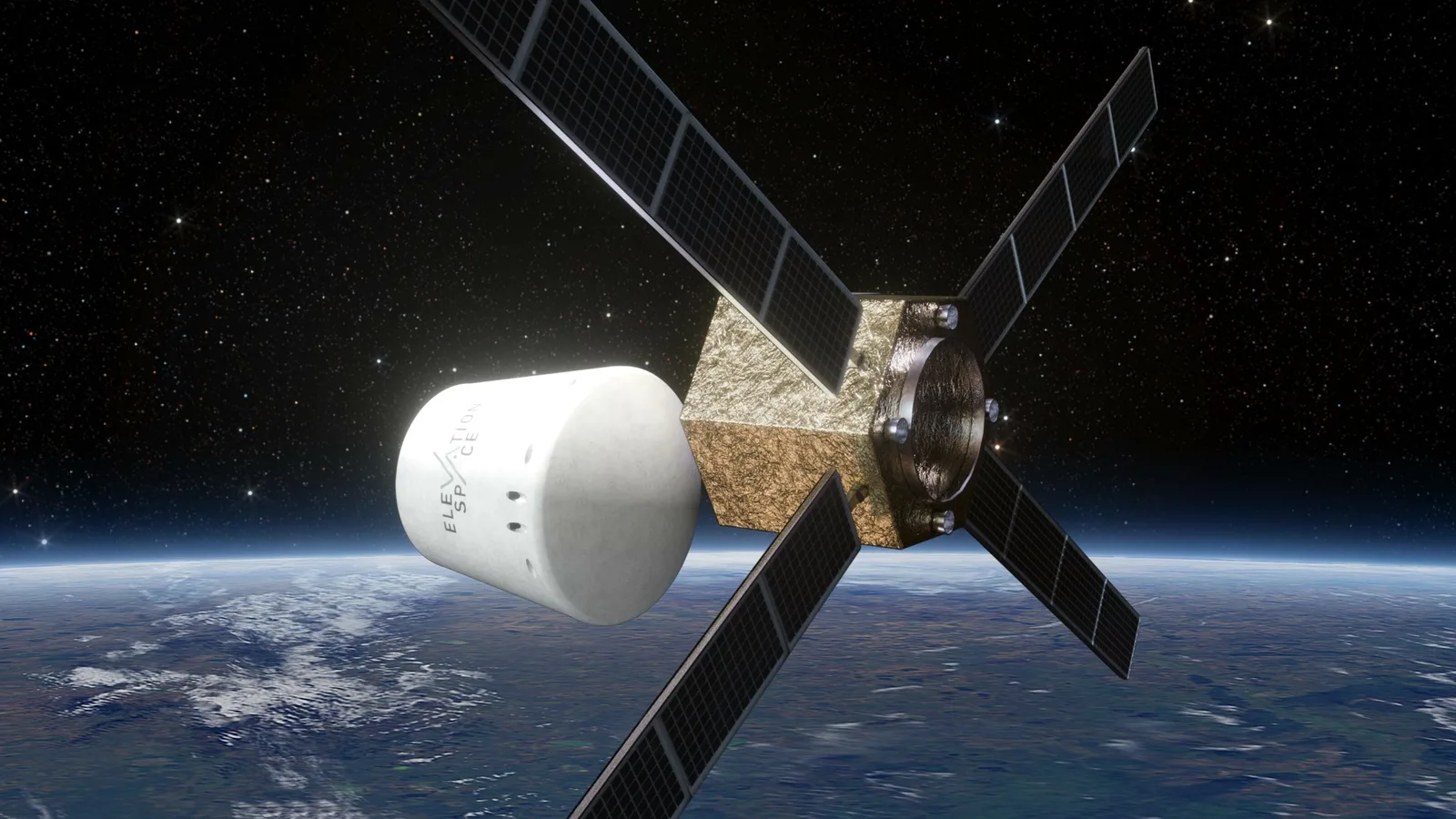 Rendering of an ElevationSpace ELS-R spacecraft in orbit, with its white return capsule attached to a service module with two solar panels