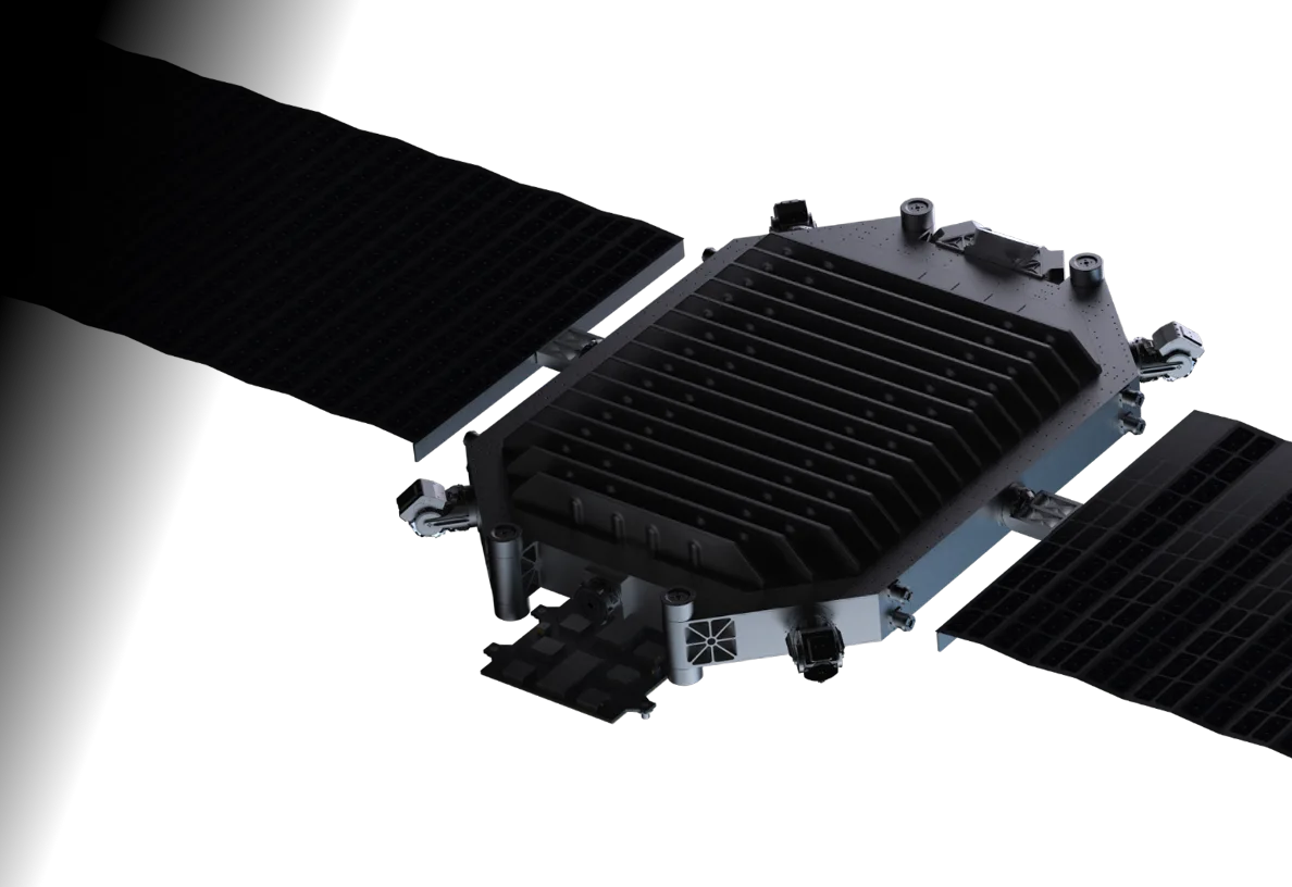 EnduroSat Frame Max satellite bus with solar arrays deployed, front view
