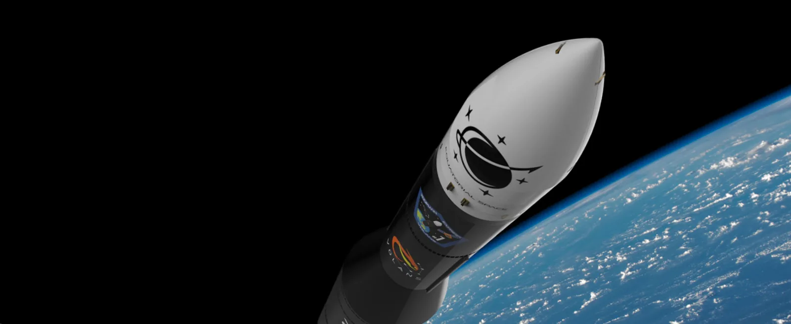 Render of the Volans launch vehicle's payload fairing and upper stage above Earth