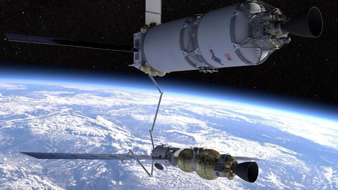 Render of the Eta Space Cryo-Dock depot connected to a rocket stage by a fuel line above Earth