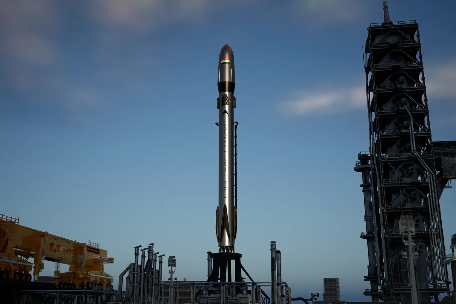 Render of the EtherealX reusable rocket standing on the launch pad beside its tower