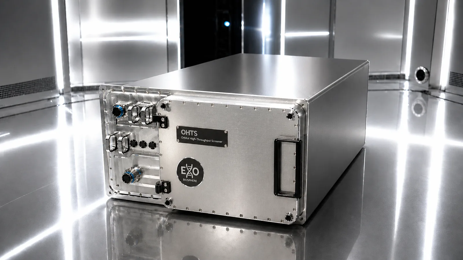 The Orbital High-Throughput Screener, a metal payload box with connectors on its front panel