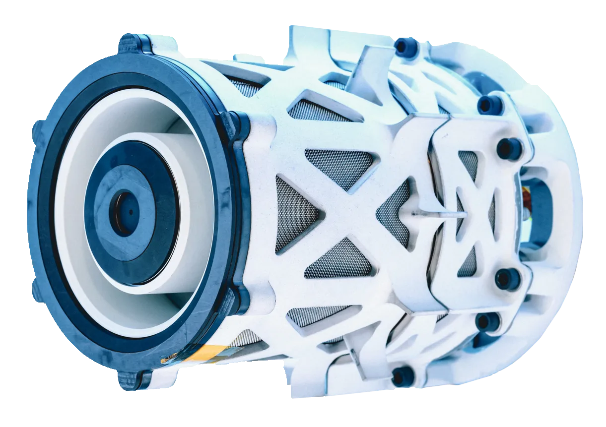 ExoTerra Halo Hall-effect electric thruster with its white lattice housing