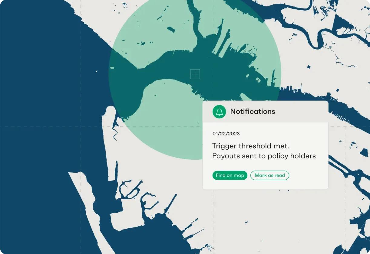 Floodbase platform map view with a notification that a flood trigger threshold was met