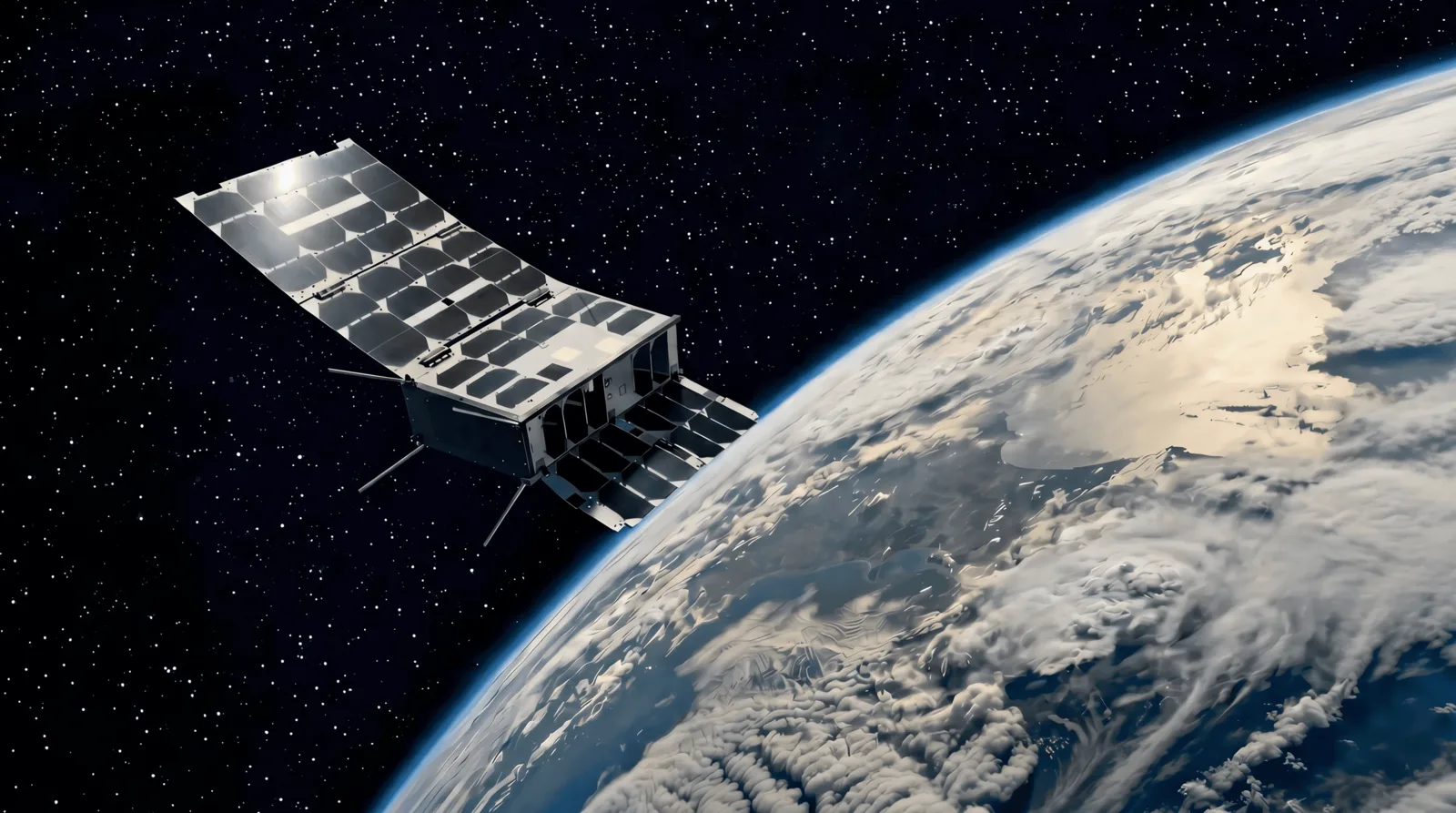 FOSSA 3U IoT satellite with deployed solar panels orbiting Earth