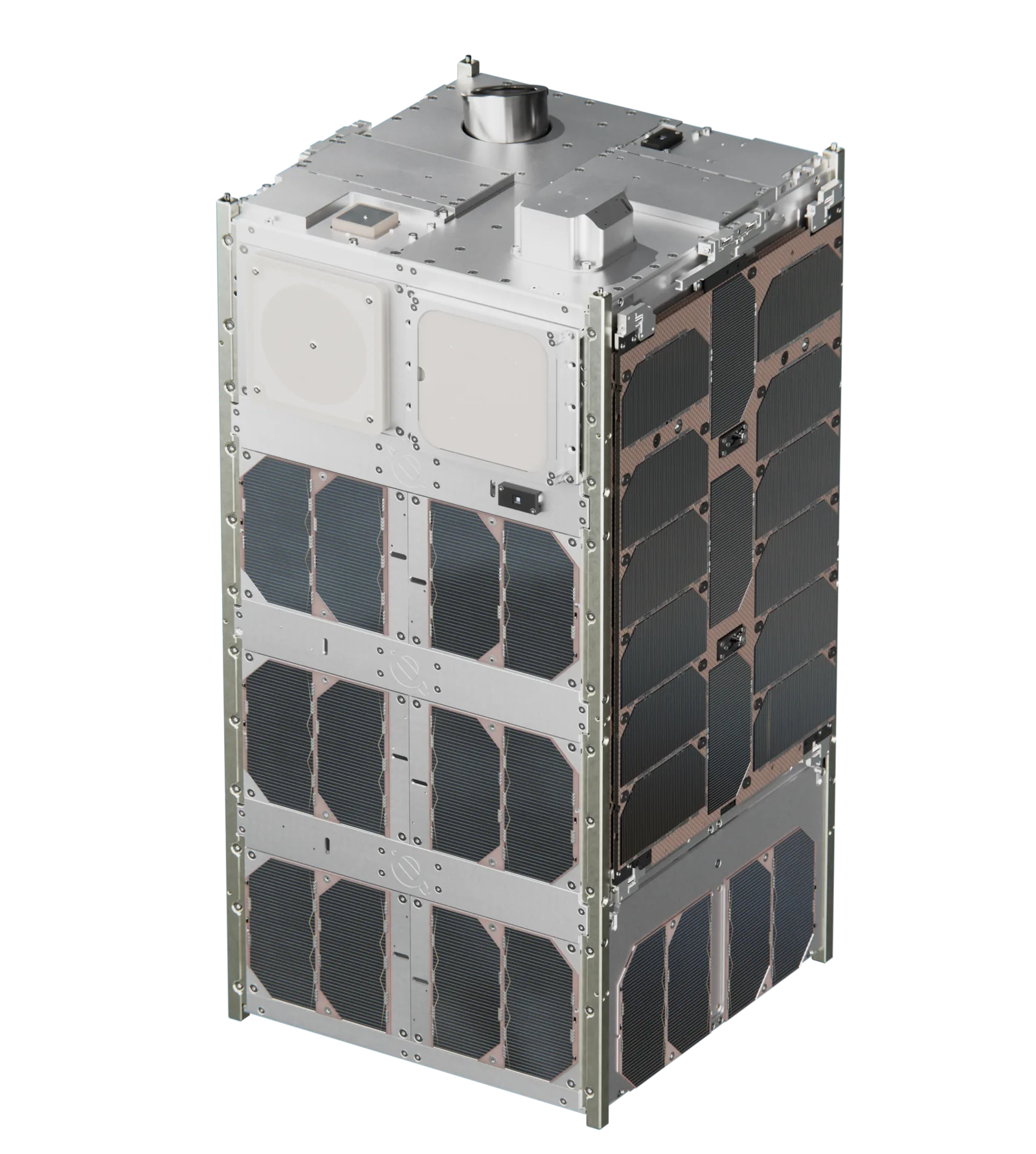 Render of an assembled GomSpace 16U CubeSat platform with body-mounted solar panels