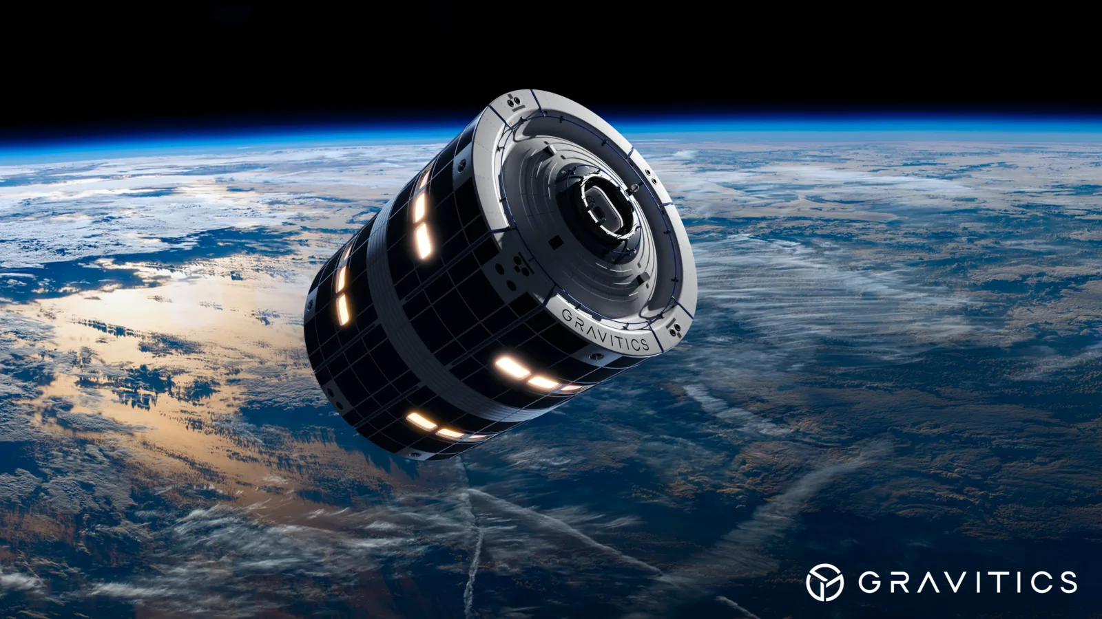 Render of the Gravitics StarMax space station module orbiting above Earth