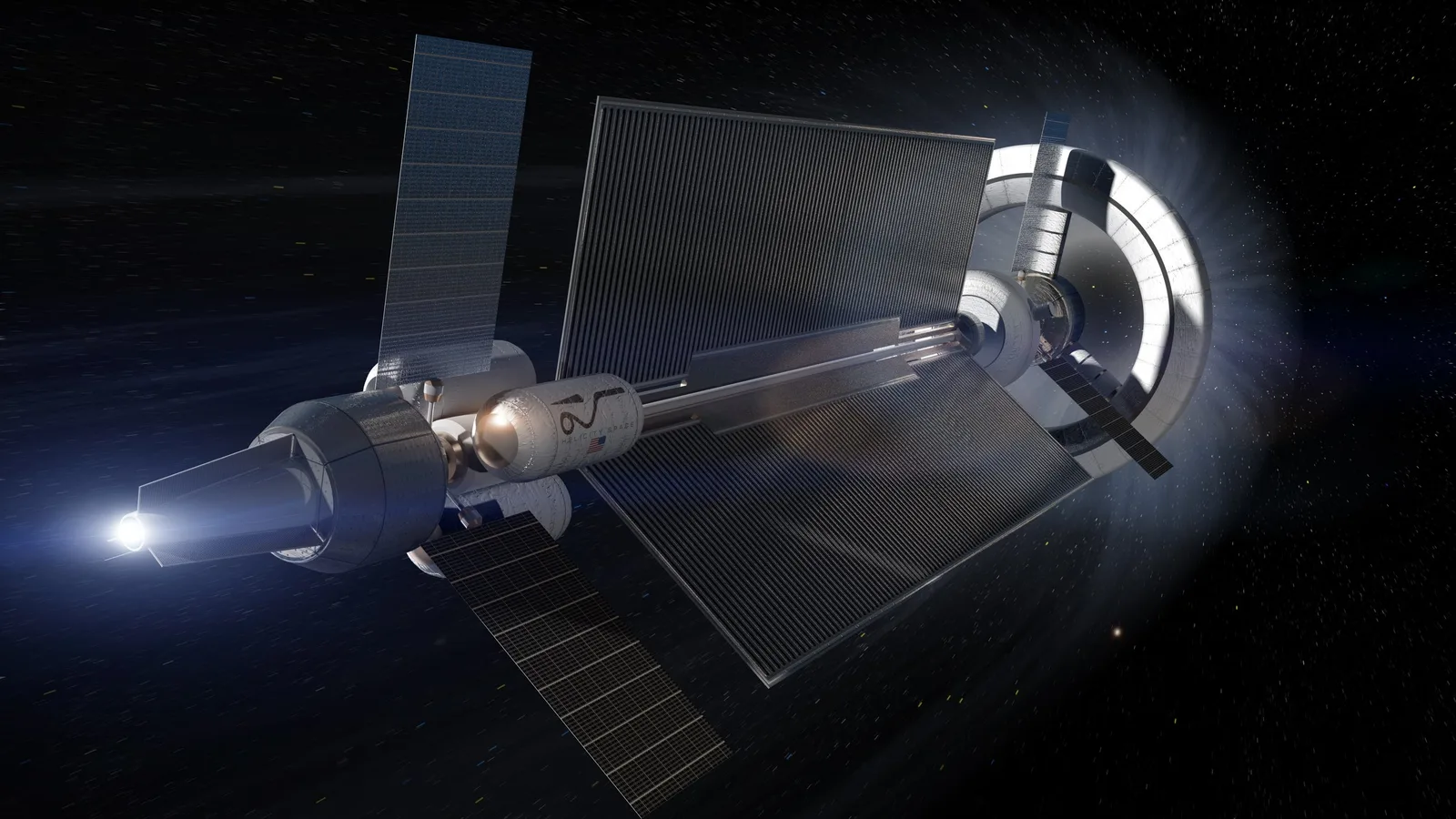 Rendering of a spacecraft powered by the Helicity fusion drive
